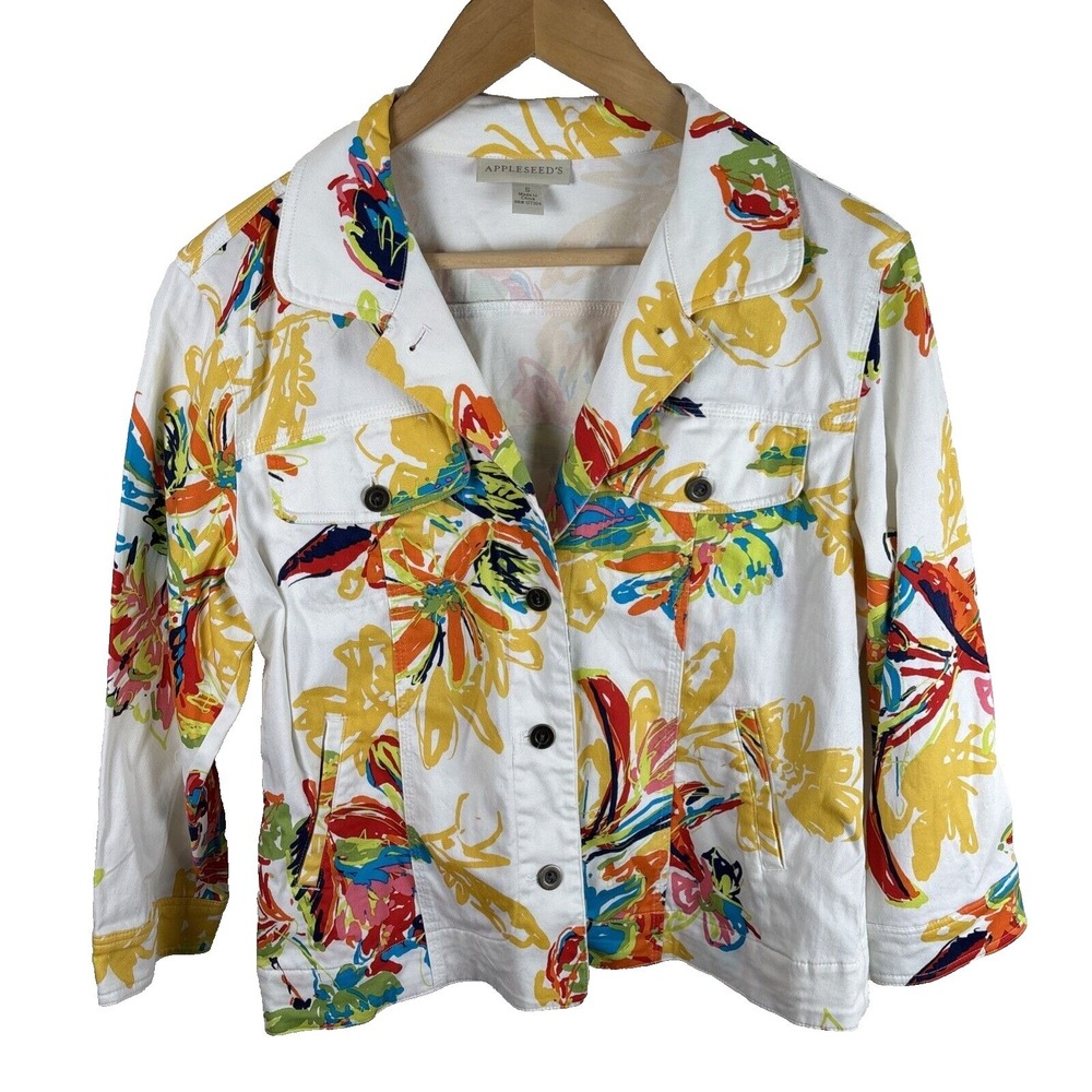 Appleseeds‎ Womens Small Floral Denim Jacket White Multi Abstract 3/4 Sleeve